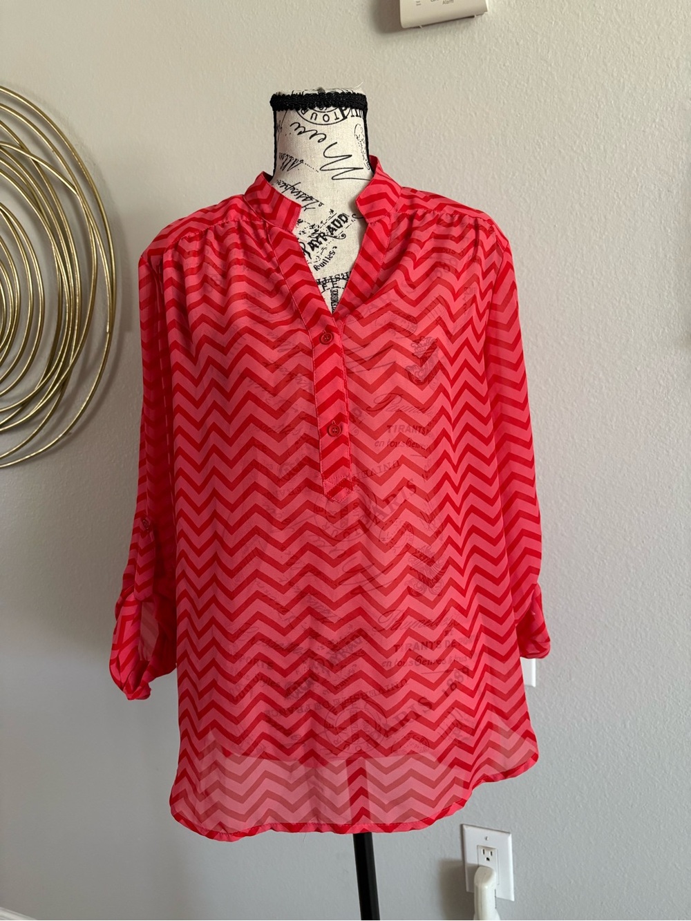 dressbarn Red Chevron Sheer Tunic Blouse